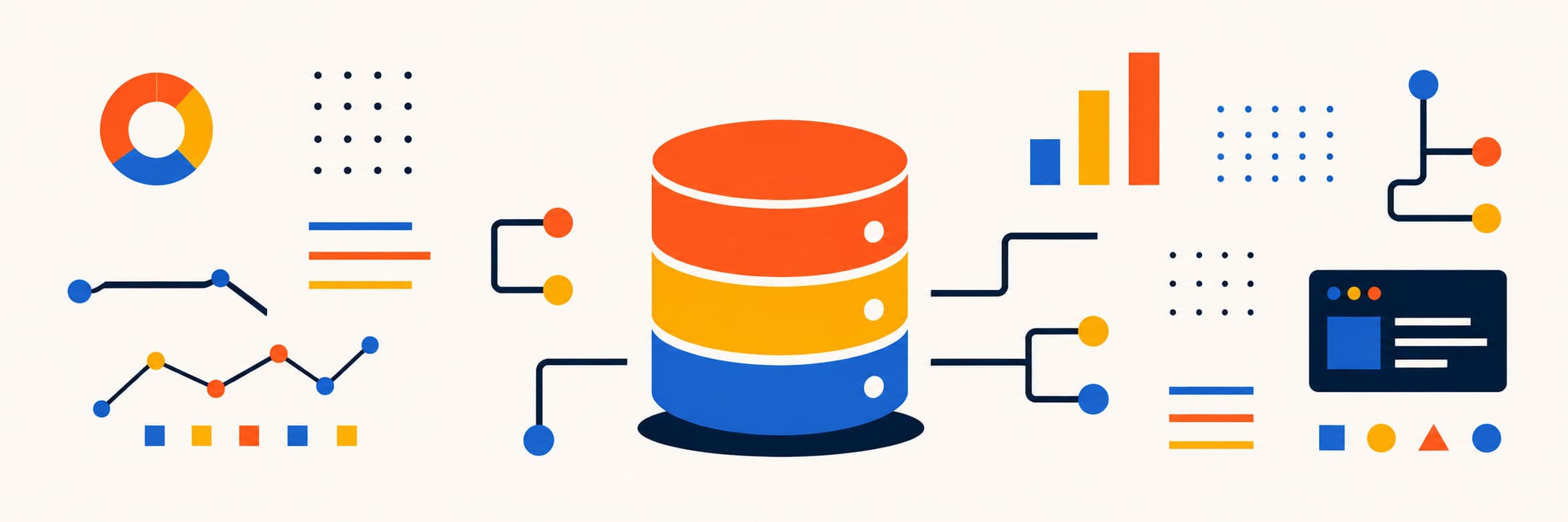 Illustration of a database connected to charts, graphs, and an application window.